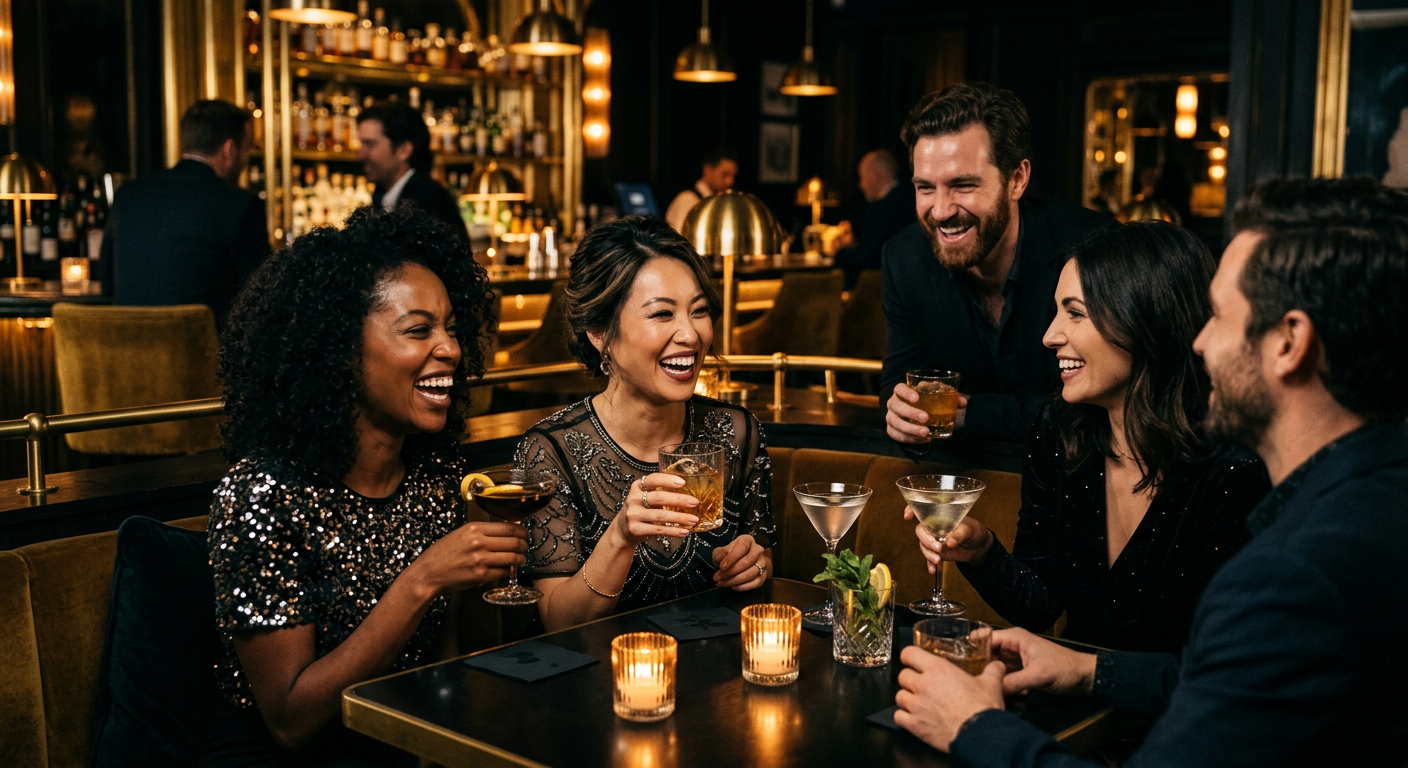 Guests laughing over cocktails in a dimly lit, elegant bar