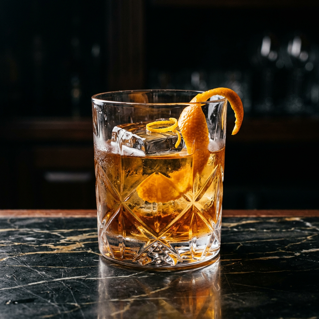An old fashioned with a large clear ice cube and orange peel in a crystal rocks glass