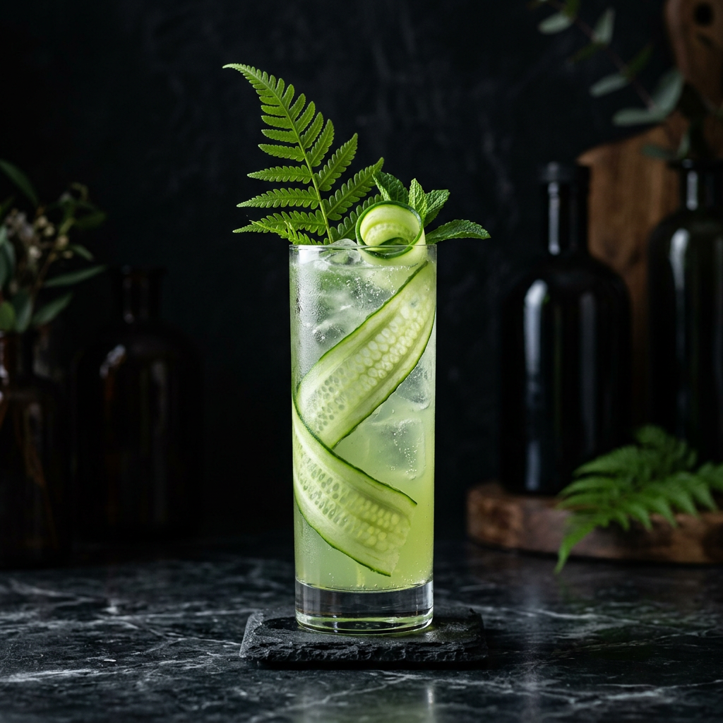A pale green botanical cocktail in a tall glass garnished with a fern frond