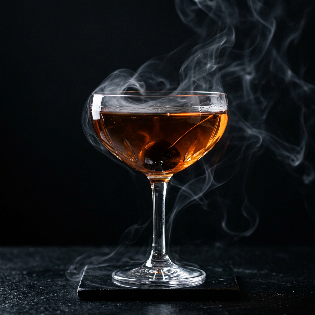 A dark amber stirred cocktail in a coupe glass with a cherry and wisps of smoke